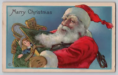 Christmas Red Suit Santa Toy Basket Ice Skates Doll Stecher 740 Postcard 1921 • $11.45