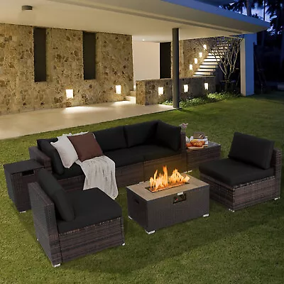 8 PCS Outdoor Rattan Furniture Set With Fire Pit Table Tank Holder & PVC Cover • $809.99