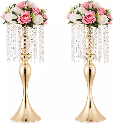 Set Of 2 Crystal Wedding Table Centerpieces Gold Flower Stand Vases • $64.99