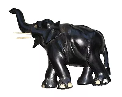 Vintage Black Ebony Wooden Hand Carved Elephant Statue Figure Trunk Up • $14.99