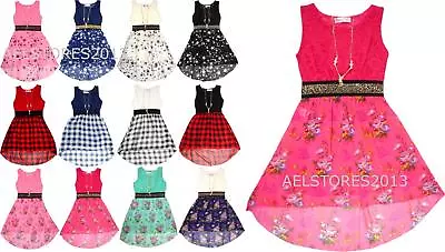 £4.99 • Buy Girls Sleeveless Dress Asymmetrical Waist Band With Gold Necklace Dresses 3-14 Y