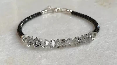 $9.79 • Buy Black Spinel+White Herkimer Diamond Quartz Gemstone Beads Bracelet 7 