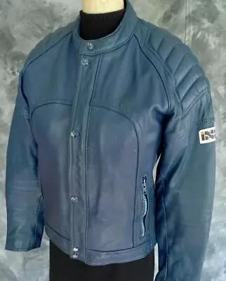  SOLID Vintage BLUE Padded IXS EURO Cafe Racer Leather MOTORCYCLE JACKET SM • $59.99