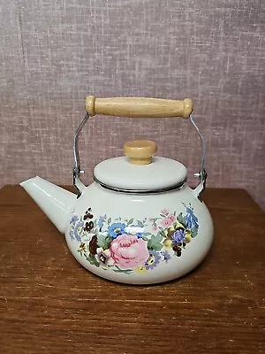 Vintage Enamel Metal Floral Teapot With Wooden Knob & Handle • $0.99