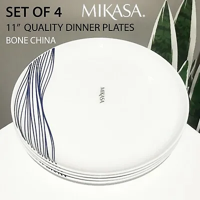 SET OF 4 New MIKASA White W/ Dark Blue WAVE Border 11  Bone China Dinner Plates • $49.99