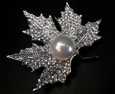 £8 • Buy Small Pearl Crystal Maple Leaf Brooch - Bridal Wedding Evening Dress Jacket