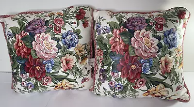 2 Vtg WAVERLY Pillows Chintz Rose Floral Pink Cording Shabby Cottage Samantha • $69.99