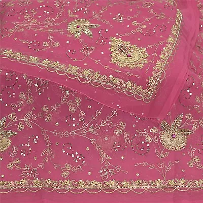 Sanskriti Vintage Pink Dupatta Pure Georgette Silk Hand Beaded Zardozi Stole • $64.99