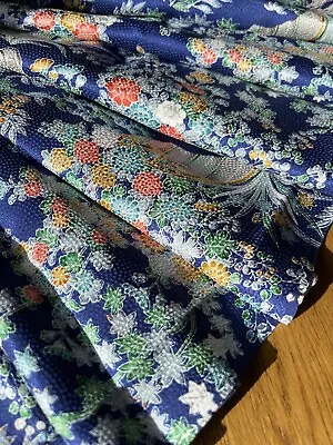 Vintage Japanese Kimono Fabric Piece - 100% Silk Satin Jacquard - Blue Floral • £23