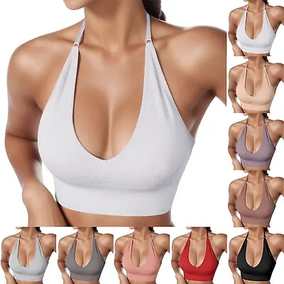 Women's Halterneck Sports Bra Backless Deep V Neck Sports Bustier Padded Sexy • £9.11