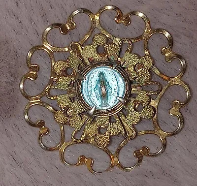 Vtg Catholic Filigree Brooch Miraculous Mary Something Blue Gold Tone Dainty • $38.99