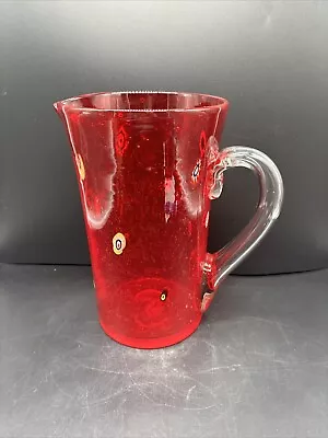 Large Red Art Glass Millefiori Pitcher With Applied Handle And Bubbles • $32