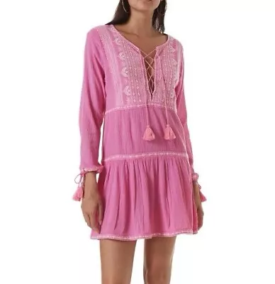 Melissa Odabash Pink Gauzy Embroidered Tassel Millie Cover-Up Tunic Dress Small • $65