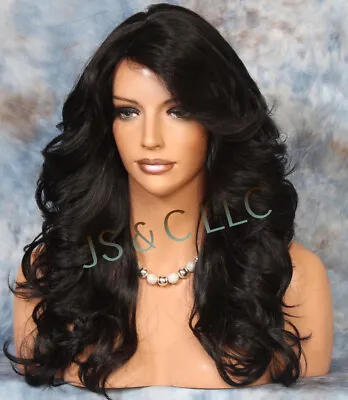 Human Hair Blend Full Wig Black Wavy Bangs Heat OK Feathered Sides WEPX  • $89.94