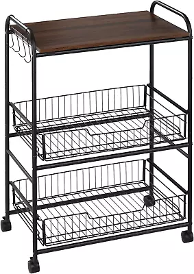 3-Tier Rolling Cart Slim Kitchen Cart With Wheels 2 Sliding Baskets Microwave • $67.99