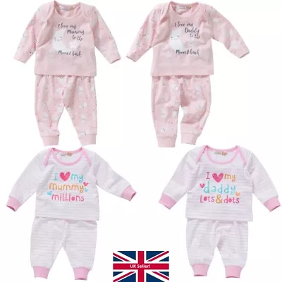 Baby Girls I Love My Mummy Daddy Pyjamas Long Sleeve Cotton 0-9mths Lullaby Pink • £8.99