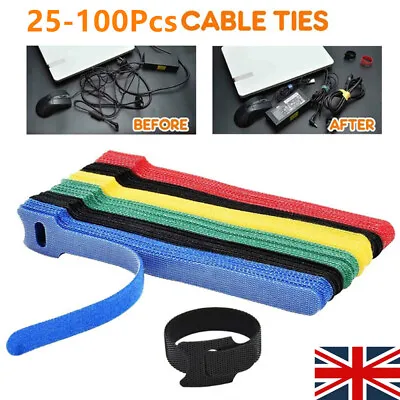 25-100x Reusable Ties Hook And Loop Fastener Tape Nylon Velcros Cable Ties Strap • £3.58