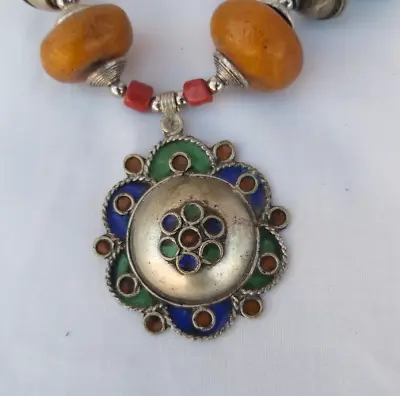 Moroccan Vintage Silver Color Berber Enamel Amulet Pendant Beads Necklace • $65.99