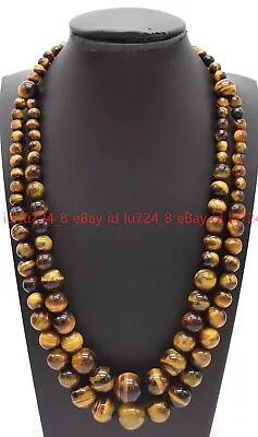 2 Rows 6-14mm Natural Yellow Tiger's Eye Gemstone Round Beads Necklace 18-20'' • $9.99