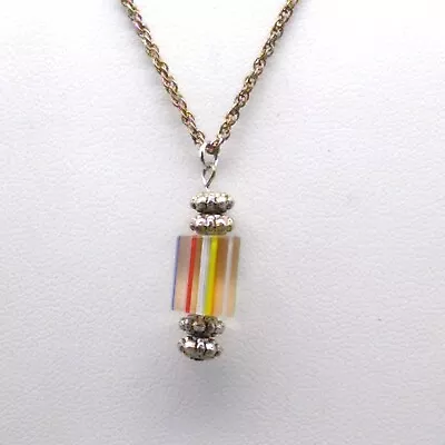 Vintage Rainbow Cylinder Pendant On Silver Tone Chain Necklace Whimsical • $18.20