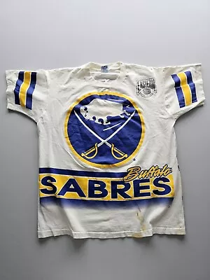 Vintage 90s Buffalo Sabres AOP Salem Sportswear NHL Hockey T-shirt L • $32.92