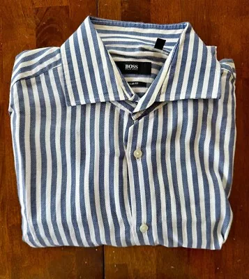 Hugo Boss Men's Slim Fit Blue Cotton Long Sleeve Shirt 16/41 Spread Collar • $35