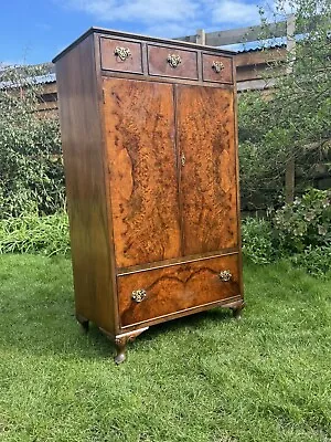 Antique Art Deco Burr Walnut Tallboy Cupboard Drawers Linen Press • £280