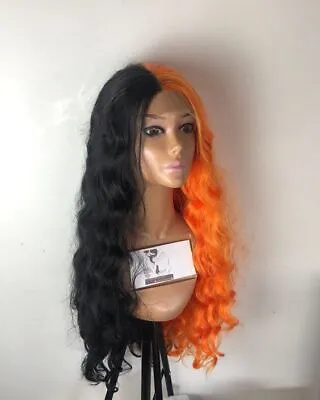 Half Black Half Orange Long Wave Wigs Lace Front Wigs Synthetic Heat Resistant • $32.29