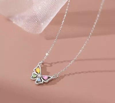 Crystal Colourful Butterfly 925 Sterling Silver Necklace Chain Womens Jewellery • £3.49