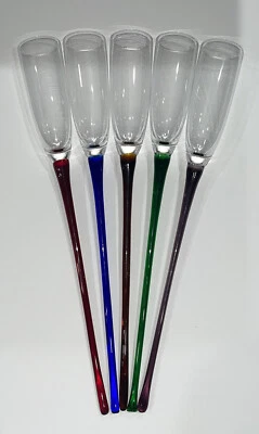 $29.99 • Buy Vintage Hand Blown LONG  Stem Champagne Toasting Flutes SET OF 5 Blue Purple Etc