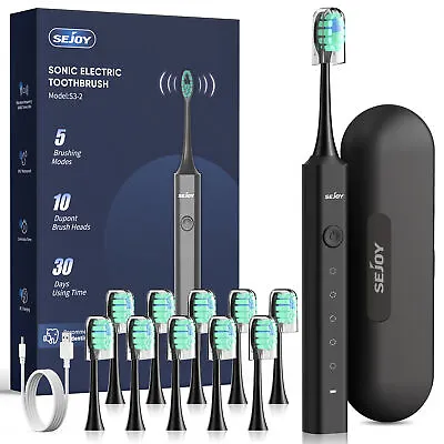 SEJOY Sonic Electric Toothbrush Rechargeable 5 Modes 10 Brush Heads Travel Case • $19.99