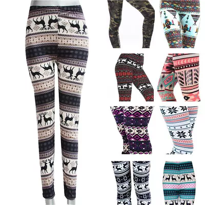 Womens Christmas Leggings Snowflake Patterned Stretch Trousers Casual Yoga Pants • $11.99