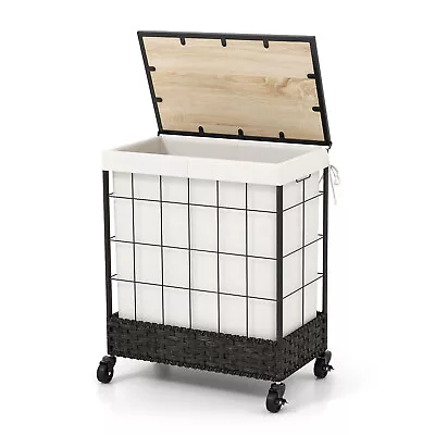 110L Large Capacity Handwoven Rattan Laundry Basket With Lid & Lockable Wheels • $54.99