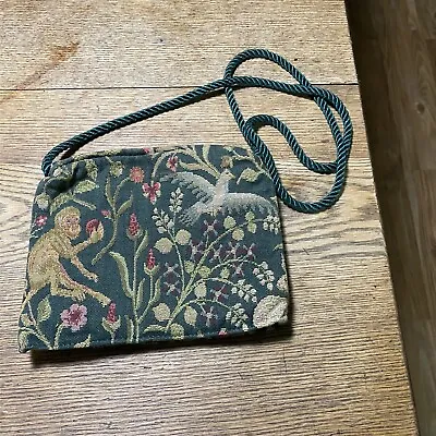 Vintage Tapestry Purse Shoulder Bag Small Monkey Bird Rabbit Fruit Green • $19.99