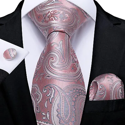 Mens Light Pink Paisley Silk Tie Set Cufflinks Handkerchief For Wedding Gift Men • £7.49