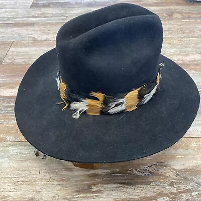 Vintage Smith Built Cowboy Hat Size 6 7/8 Black Feather Band 5x Fur Felt • $49.95