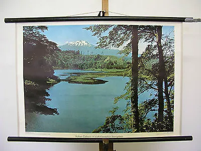 Beautiful Old Mural Volcano Calbuco Southern Chilean Lakes 75x52cm Vintage~1960 • $32.40