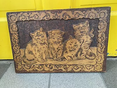 Rare Flemish Art Pyrography Wood Wall Hanging Cats • $39.99