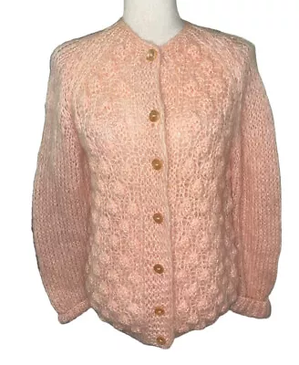 Vintage Pink Wool Mohair Nylon Cardigan Sweater Made In Italy Hand Knit Womens L • $57.99