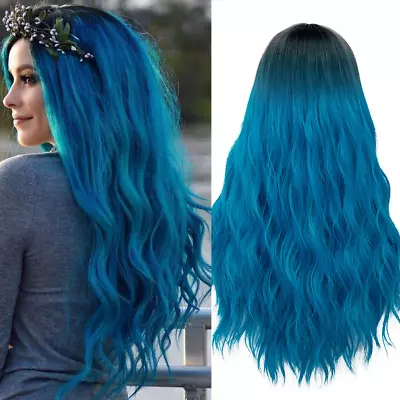 Blue Wigs For Women 26  Long Ombre Blue Wig With Wig Cap Curly Wavy Blue Mermaid • $32.28