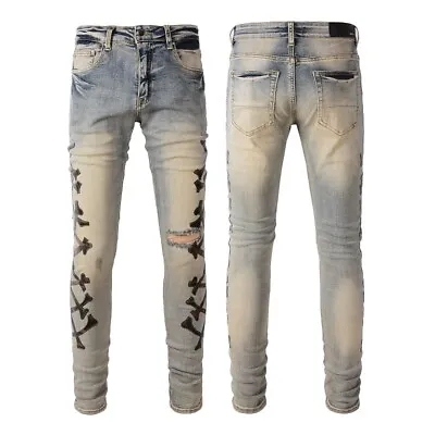 Mens Punk Ripped Cross-bones PU Patchwork Sanding Skinny Fit Stretch Denim Jeans • $59.17
