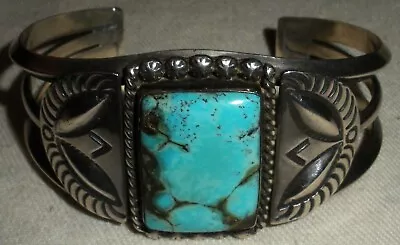 VINTAGE NAVAJO STERLING SILVER TURQUOISE BRACELET GREAT STAMPWORK REPOUSSE Vafo • $149.99