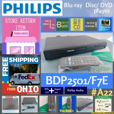 Philips Blu-Ray DVD Player (BDP2501/F7 E)  Wi-Fi/DVD Video Upscaling With Remote • $36.36