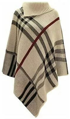 Ladies High Neck Tartan Check Poncho Women's Knitted Cape Shawl Jumper Cardigan • £16.29