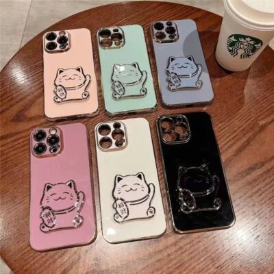 For OPPO Lucky Cat Cute Cartoon Stand Support 6D Plating Soft Phone Case Cover • $5.49