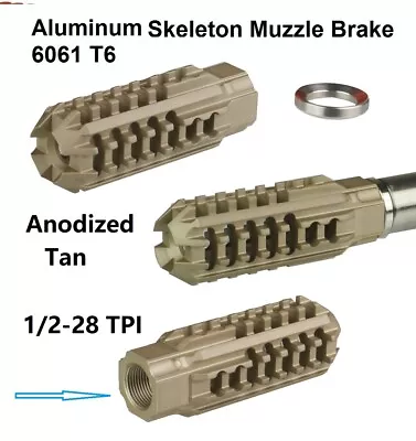 Tan Competition 1/2x28 TPI Thread Skeleton Muzzle Brake Compensator For .22 • $24.99