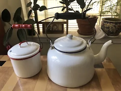 Vintage Large Enamel Teapot And Lidded Pot • $18
