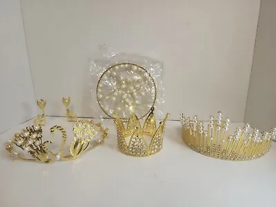 Crown Cake Topper 4pc Queen Princess Wedding Party Gold Pearl Rhinestone Swan • $8.79