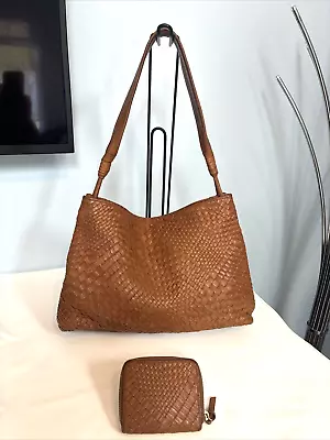 MASSIMO DUTTI Tan Leather Basket Weave Tote Bag With Matching Purse • £95