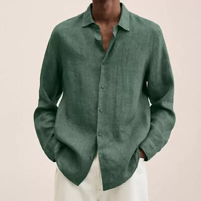 Men's Spring Long Sleeve Linen Shirt Casual Baggy Button-down Solid Tops Blouse • $19.99